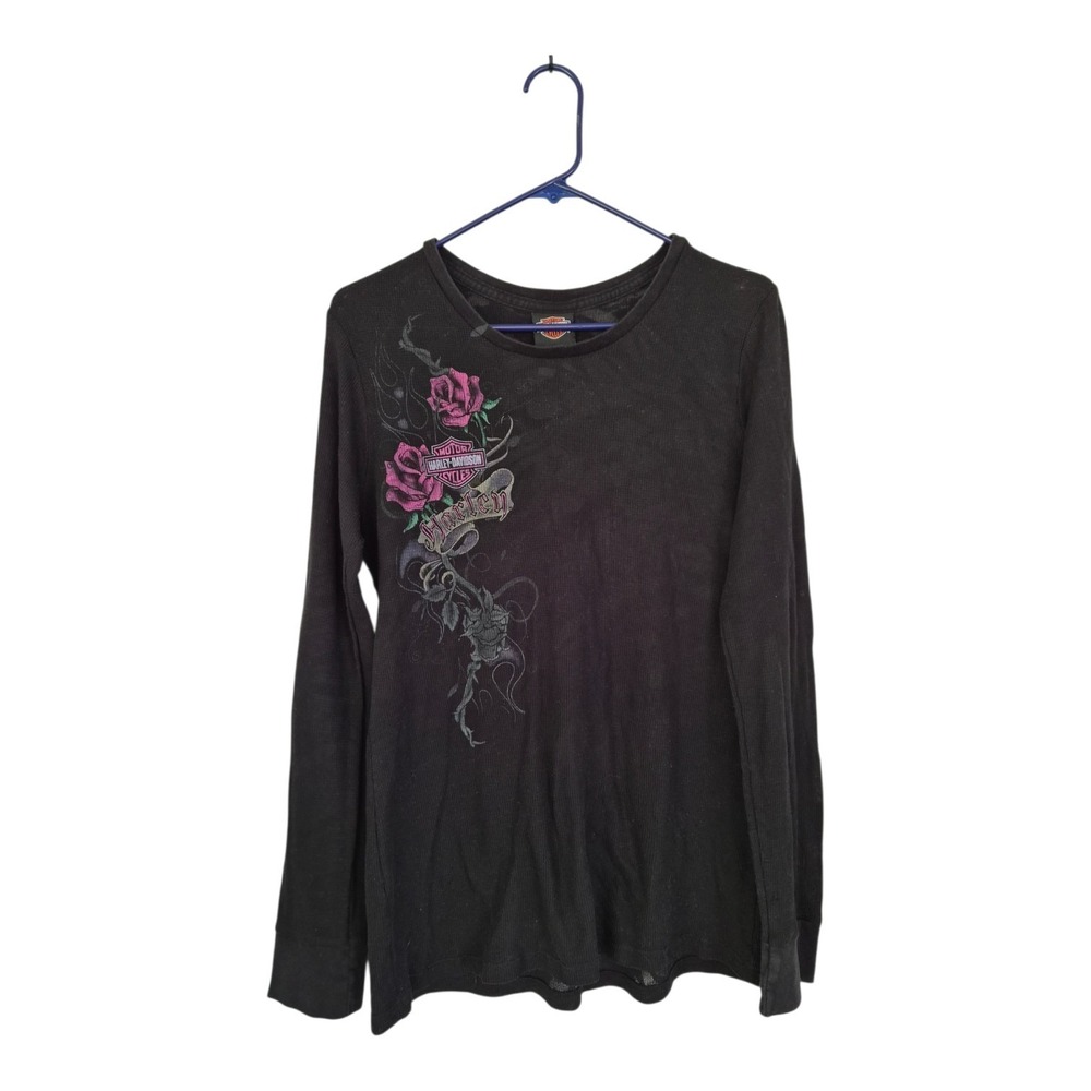 Harley Davidson 1X Y2K Burnout Tattoo Rose Graphic Biker Babe Long Sleeve Top